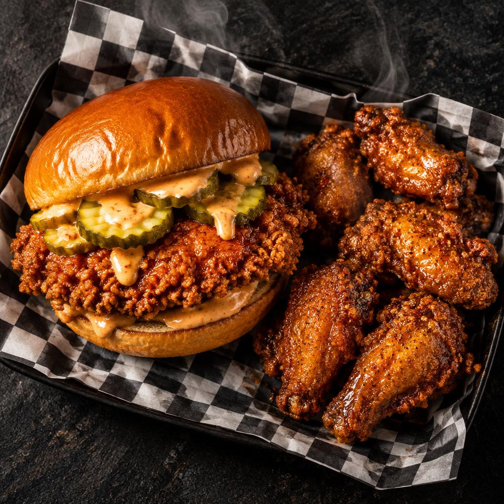 Golden crispy homestyle fried chicken sandwiches and wings on a checkered tray